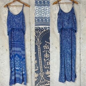 Earthbound blue paisley floral tassel spaghetti strap maxi dress small